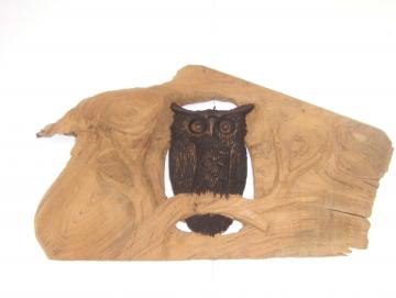 Eule Relief aus Teak Holz handgeschnitzt 42 x 23 cm