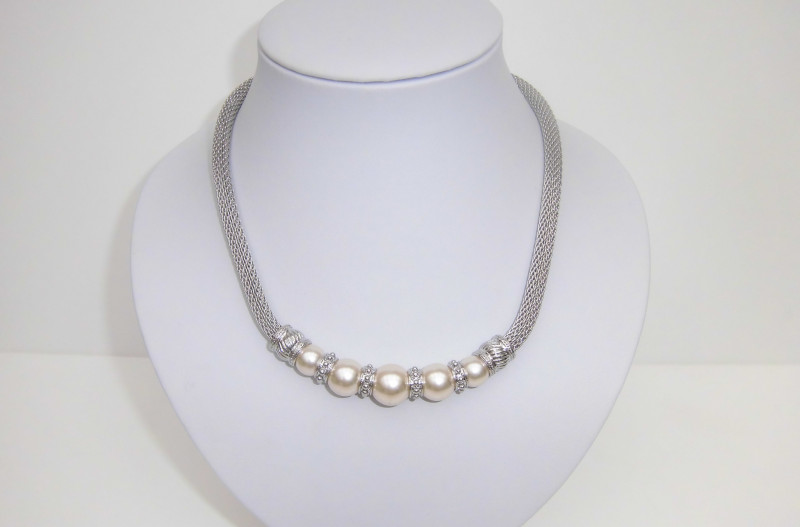 Halskette Collier Meshkette mit Perlen und Magnetverschluß