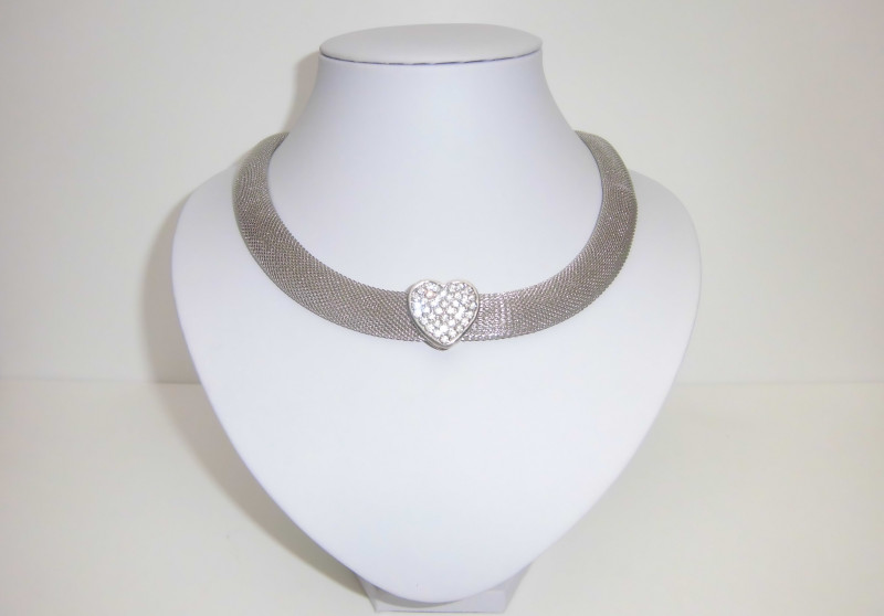 Halskette Collier Meshkette mit Kristall besetztem Herz 42 cm lang plus 8 cm Verlängerung