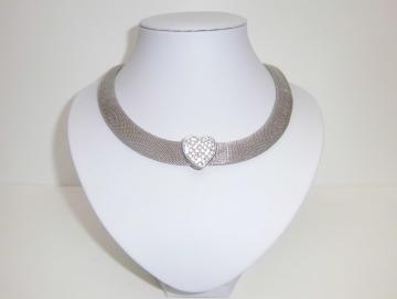 Halskette Collier Meshkette mit Kristall besetztem Herz 42 cm lang plus 8 cm Verlängerung