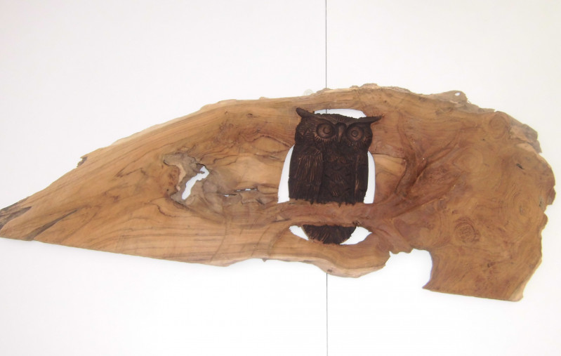 Eule Relief aus Teak Holz handgeschnitzt 59 x 21 cm